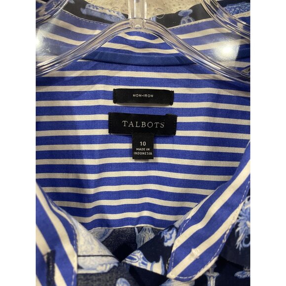 Talbots Shirt Womens 10 Navy Blue Non-Iron Porcelain Vase Print Button Front - Picture 3 of 5